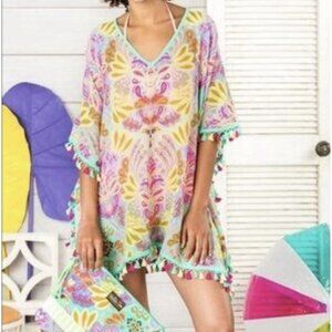 Matilda Jane Top Womens Medium Floral Pom Pom Hem Swim Cover Up Beachy Boho